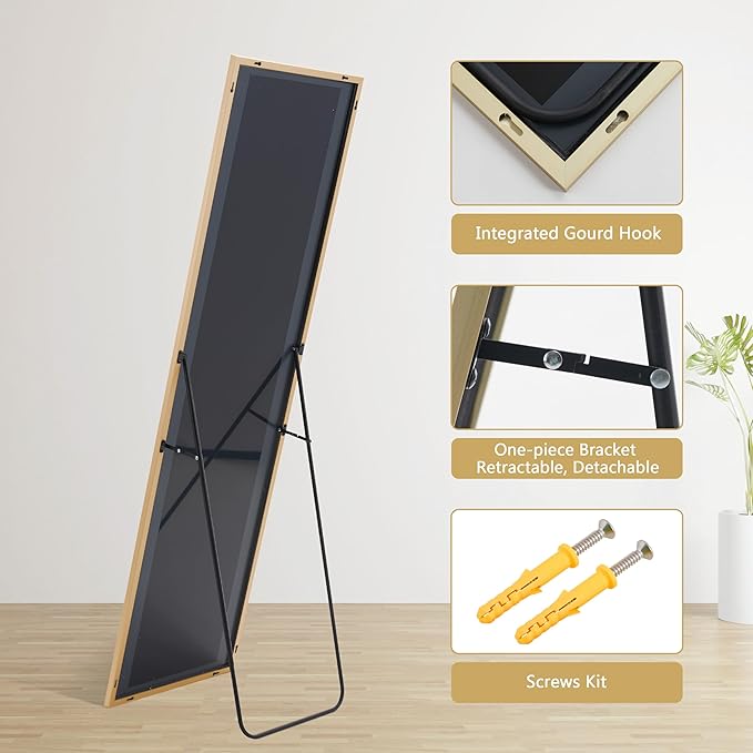 Simple Deluxe Aluminum Frame Mirror, 59"x16" Full Length Mirror with Stand, Free Standing Leaning Mirror Hanging Mounted Mirror for Bathroom Living Room, Gold