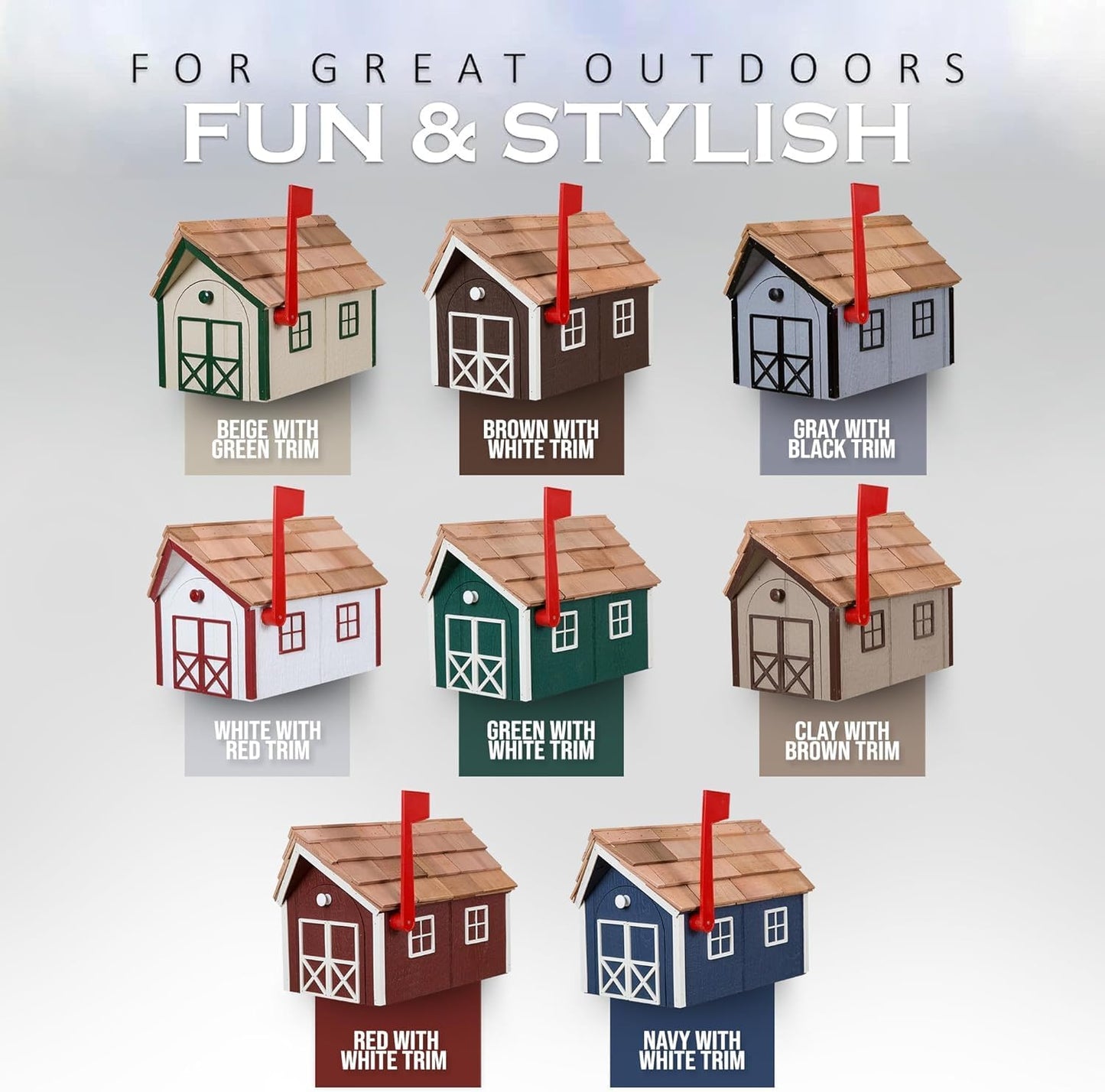 Peaceful Classics Amish Cedar Roof Wooden Mailbox with Window & Door Trim, Handcrafted Mailboxes for Outside, Post Mount Residential Mailboxes (Gray & Burgundy, Wood)