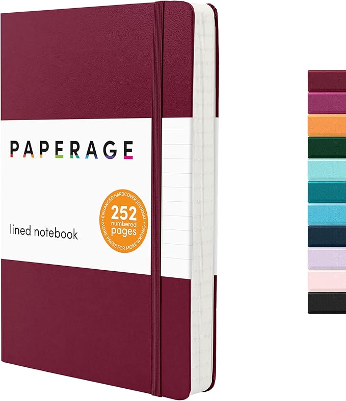 PAPERAGE Lined Journal Notebook, (Burgundy), 252 Pages, Medium 5.6 in x 8 in - 100 GSM Thick Paper – Hardcover Journaling Notebook for Work, School & Note Taking
