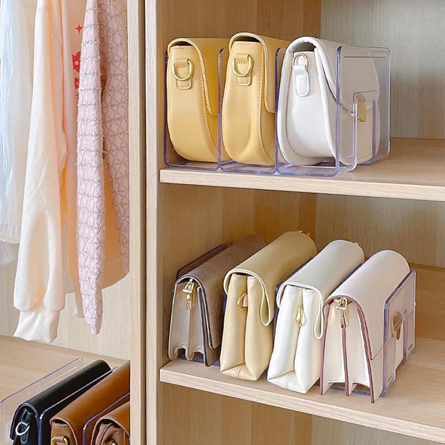 LUGUNU Acrylic Clear Purse Divider Organizer Clear Desk File Sorter Divider Mesh Folder Closet Shelf Storage Office Supplies Stand Holder Bookshelf (2 Pack of 3 Sections)