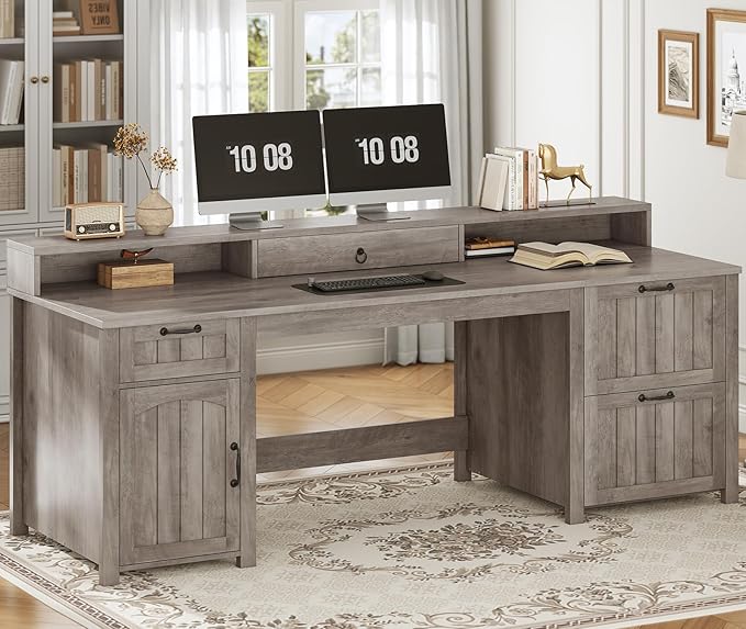 SEDETA Farmhouse 63" Executive Desk, Wood Computer Desk with Drawers and Storage Cabinet, Home Office Desk with File Drawer and Monitor Stand, Wood Desk for Work Study Writing, Grey