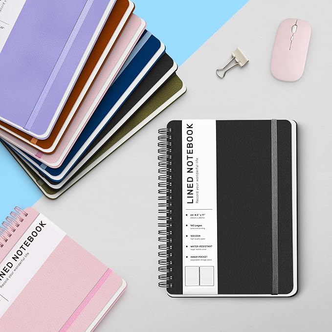 Lined Spiral Journal Notebook, A4 Hardcover Leather Notebook for Work, 8.5''×11'', 100GSM Thick Paper Spiral Bound Journaling Notebooks for Women & Men Office School Note Taking Business, Black