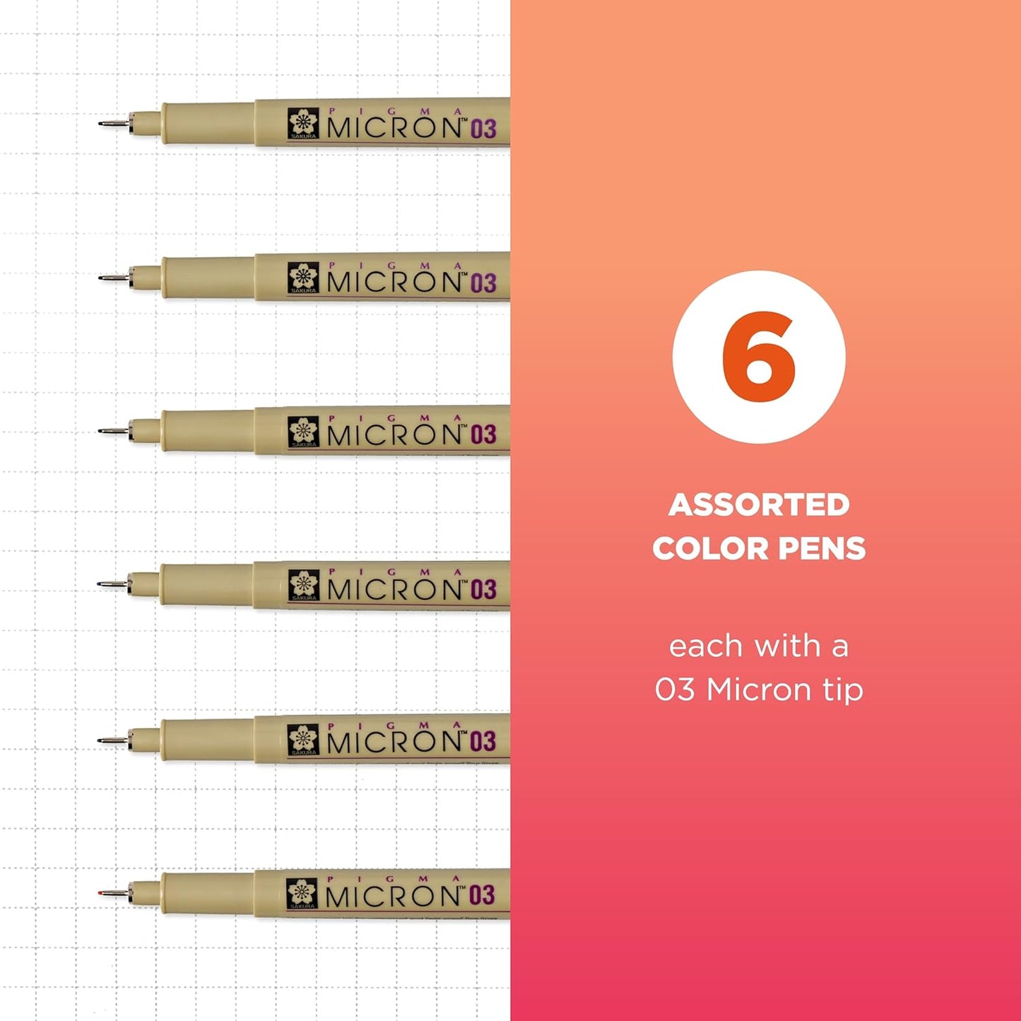 SAKURA Pigma Micron Fineliner Pens - Archival Black and Colored Ink Pens - Pens for Writing, Drawing, or Journaling - Black and Colored Ink - 03 Point Size - 6 Pack