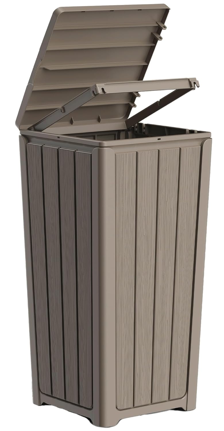 Outdoor Trash Can with Lid, Waterproof Resin Garbage Can with Tiered Lid, Outside Trash Bin for Patio, Kitchen, Backyard or Deck
