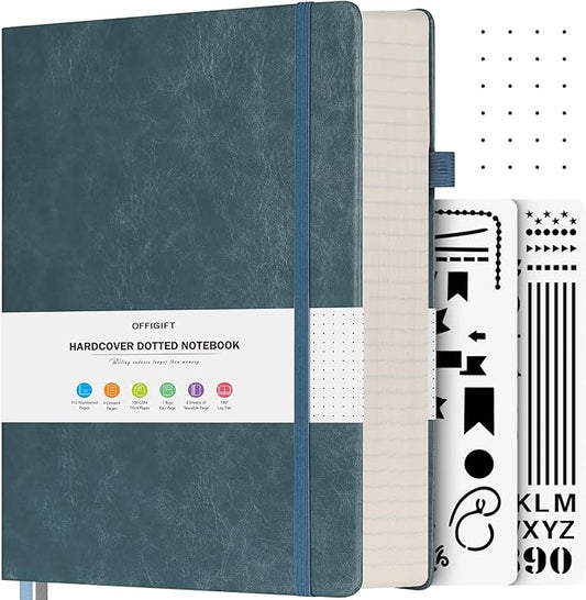Dotted Journal Notebook, 312 Numbered Pages Large B5 Hardcover Leather Notebook, 100gsm No Bleed Paper Dot Grid Notebook with Index Pages, Dot Journal for Women Men, 7.6'' X 10'', Grey Blue