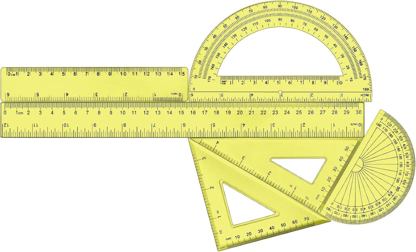 Tenare 1 Set Plastic Clear Math Set Includes Protractor Triangle Rulers 12 Inch 6 Inch Straight Geometry Math Transparent Ruler Measuring Tool for School Office Home Supplies(Yellow)
