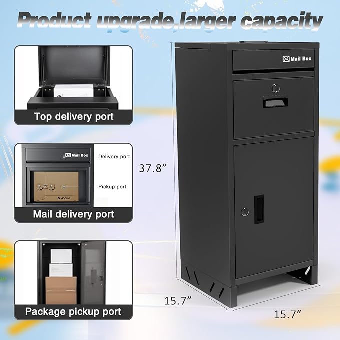 Package Delivery Boxes for Outside, Large Parcel Drop Boxes with Lock, Customize Address Stickers Package Drop Boxes for Outside is Waterproof,Package Delivery Box for Porch(Black,15.7*15.7*37.8 in)
