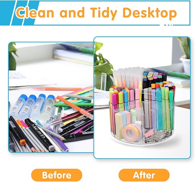 Acrylic Pen Holder, 2 Pack 360 Rotating Organizer With 6 Compartments, Desk Office Storage for 800 Pens, Markers, Crayons and Art Supplies
