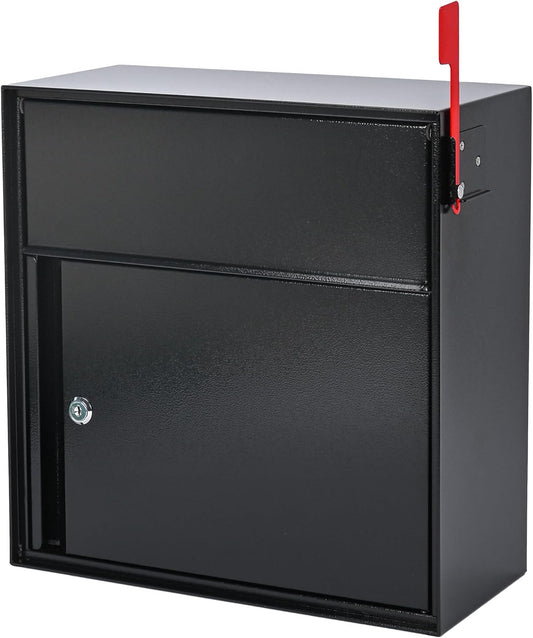 Large Wall Mount Mailbox with Lock and Outgoing Mail Flag for Outside, Steel Locking Security Mail Box with Number Stickers for House Outside, 14.8" x 6.9" x 15.4", Rainproof, Black