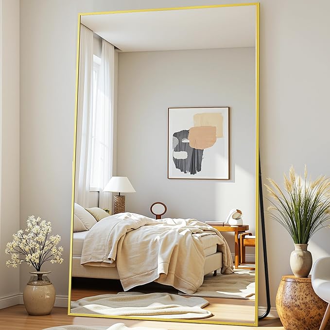Full-Length Floor Mirror with Stand, 72"x44" Rectangle Style Full Body Standing Mirror for Bedroom, Living Room, Gym, Dorm - Shatter-Resistant & Easy Assembly, Gold