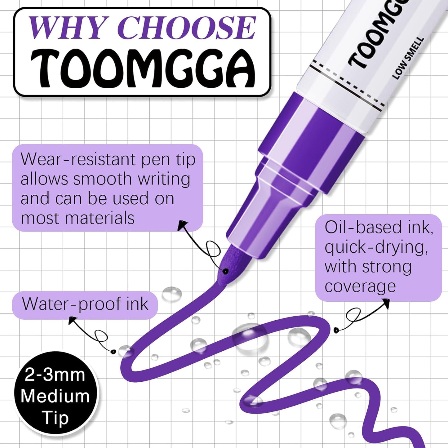 Purple Permanent Paint Pens - 2 Pack Oil Based Paint Markers, Pens for Rock Painting Car Tyre Metal, Plastic, Canvas, Mugs, Wood, Glass, Quick Drying and Waterproof, Medium Point