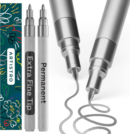 ARTISTRO 2 Silver Permanent Marker - Waterproof Markers for Tire, Fabric, Rocks, Glass, Ceramic, Wood, Paper - Oil Based Paint Pens - Extra-Fine Tip 0.7mm