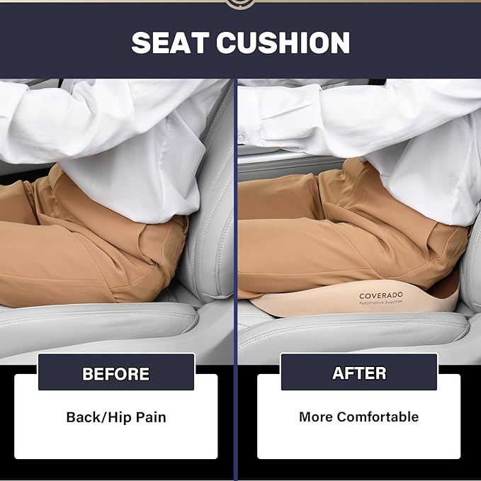 Coverado Car Seat Cushion, Memory Foam Office Chair Cushion for Car, Everlasting Comfort Sciatica & Hip & Tailbone Pain Relief Cushion for Long Sitting Driver Office Worker-Beige