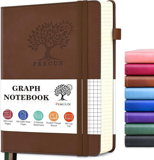 PERCUN Graph Paper Notebook, 160 Pages Grid Journal for women & men, A5 Hardcover Leather Graphing Notebook for School, Work, Travel, Note Taking 5.9”x8.5” (Brown)