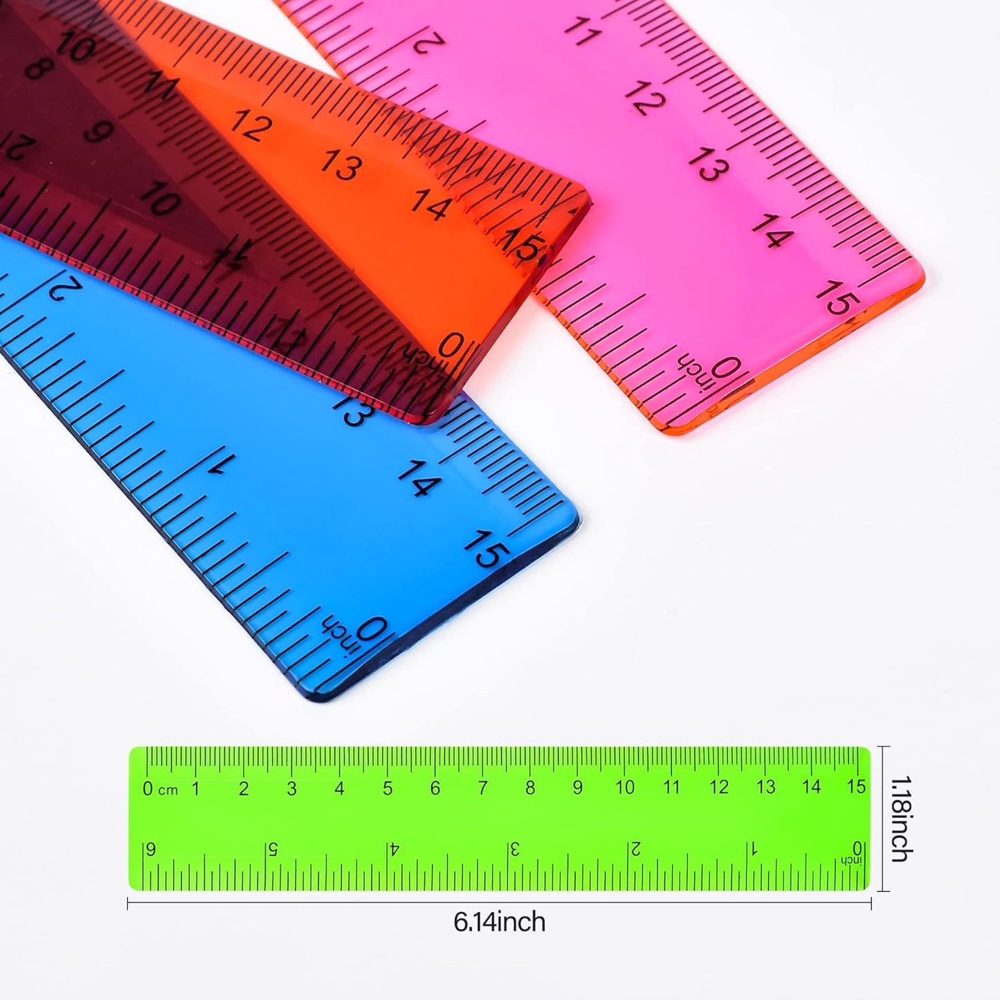 Clear Plastic Straight Ruler, 6 Inch, Bulk Assorted Colors, Shatterproof with Inches and Centimeters for School, Home, or Office (8 Pack)