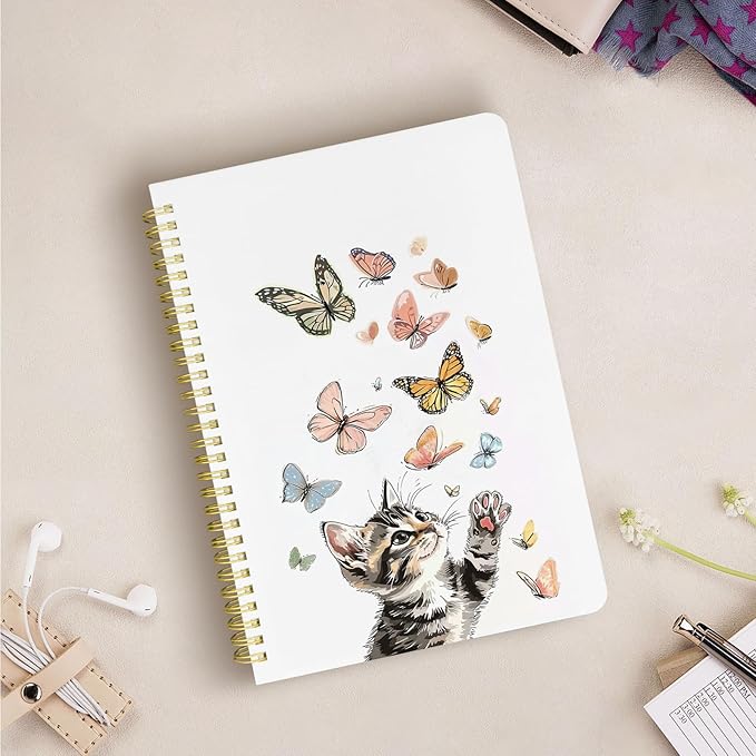 Cute Spiral Notebook journal B5 Aesthetic Pretty Design for Women Girls Kawaii with Pocket, 10 x 7.2 inch, Lined, Cat Butterfly