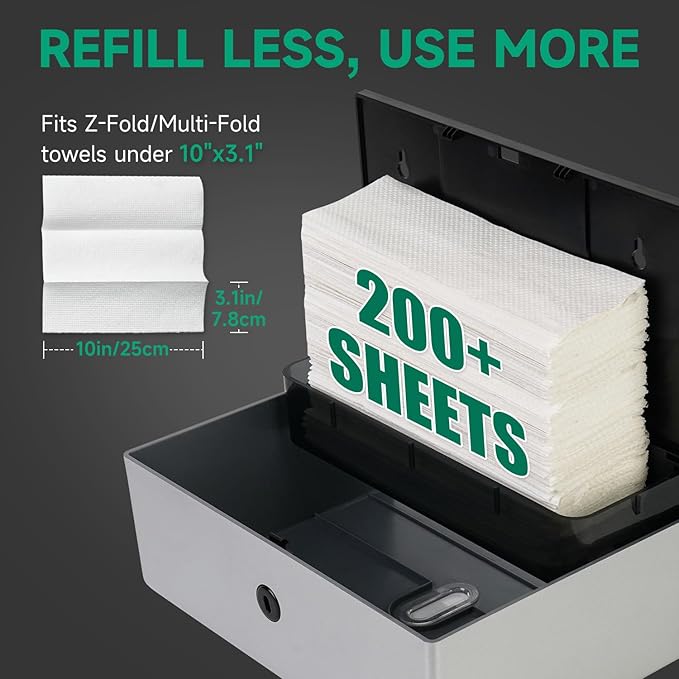 Wall-Mounted Paper Towel Dispenser – Fits Tri-Fold Towels up to 10x3.1 Inches, Holds 200 Sheets, Ideal for Home & Commercial Use (Silver)