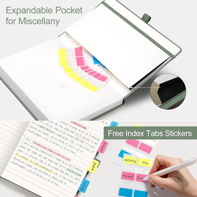 AHGXG Wide Ruled Notebook for School - Lined Journal for Women Men, 192 Numbered Pages, 100 GSM Thick Paper, A5 Hardcover Leather Notebook for Work, Writing, 5.7"×8.3" - Sage Green