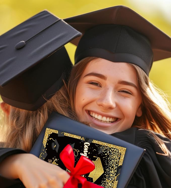 Graduation Cards, Graduation Gifts for Her Him, Black and Gold, Congratulations Grad with Envelope Sticker - Blank Inside