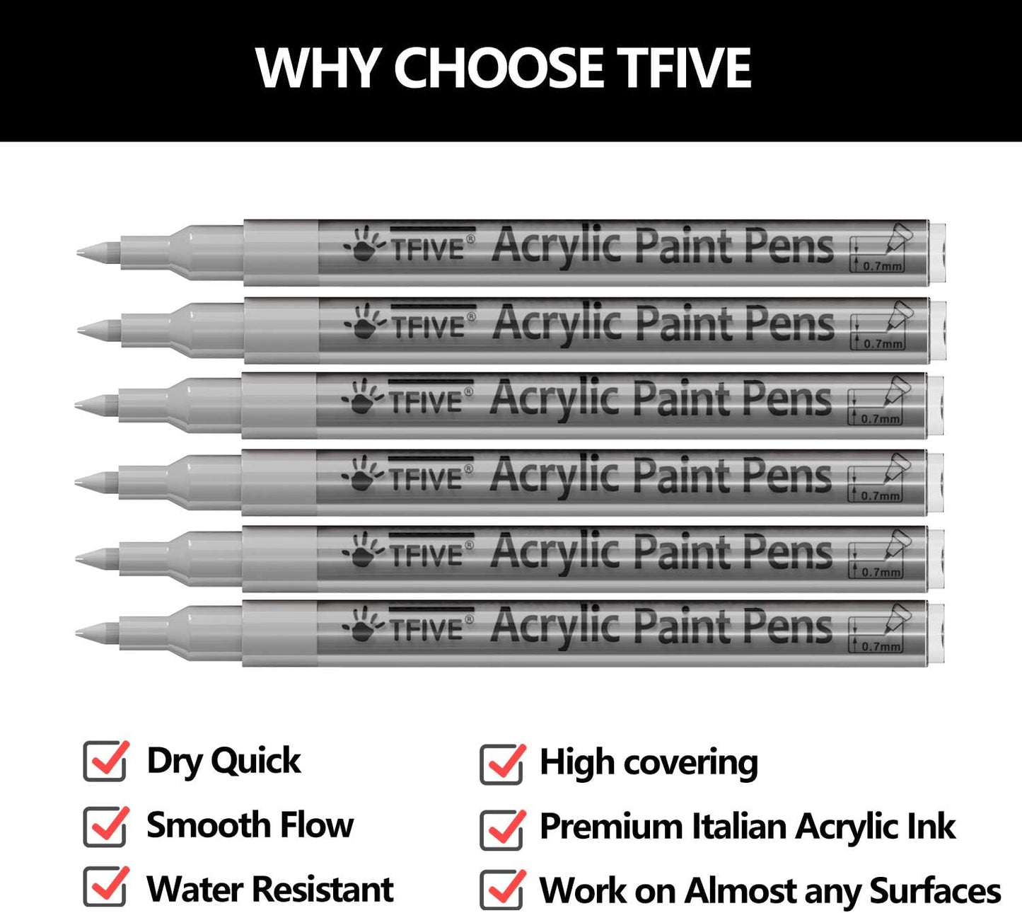 Silver Marker Paint Pens - 6 Pack Acrylic Silver Permanent Marker, 0.7mm Extra Fine Tip Paint Pen for Art project, Drawing, Rock Painting, Stone, Ceramic, Glass, Wood, Plastic, Metal, Canvas DIY Craft