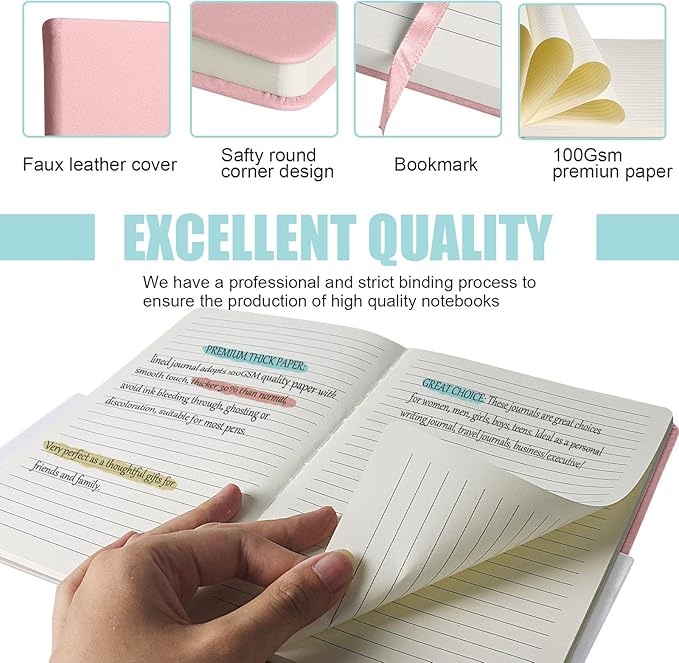 Lined Journal Notebook, (pink), 160 Pages, Medium 5.7 inches x 8 inches - 100 gsm Thick Paper, Hardcover
