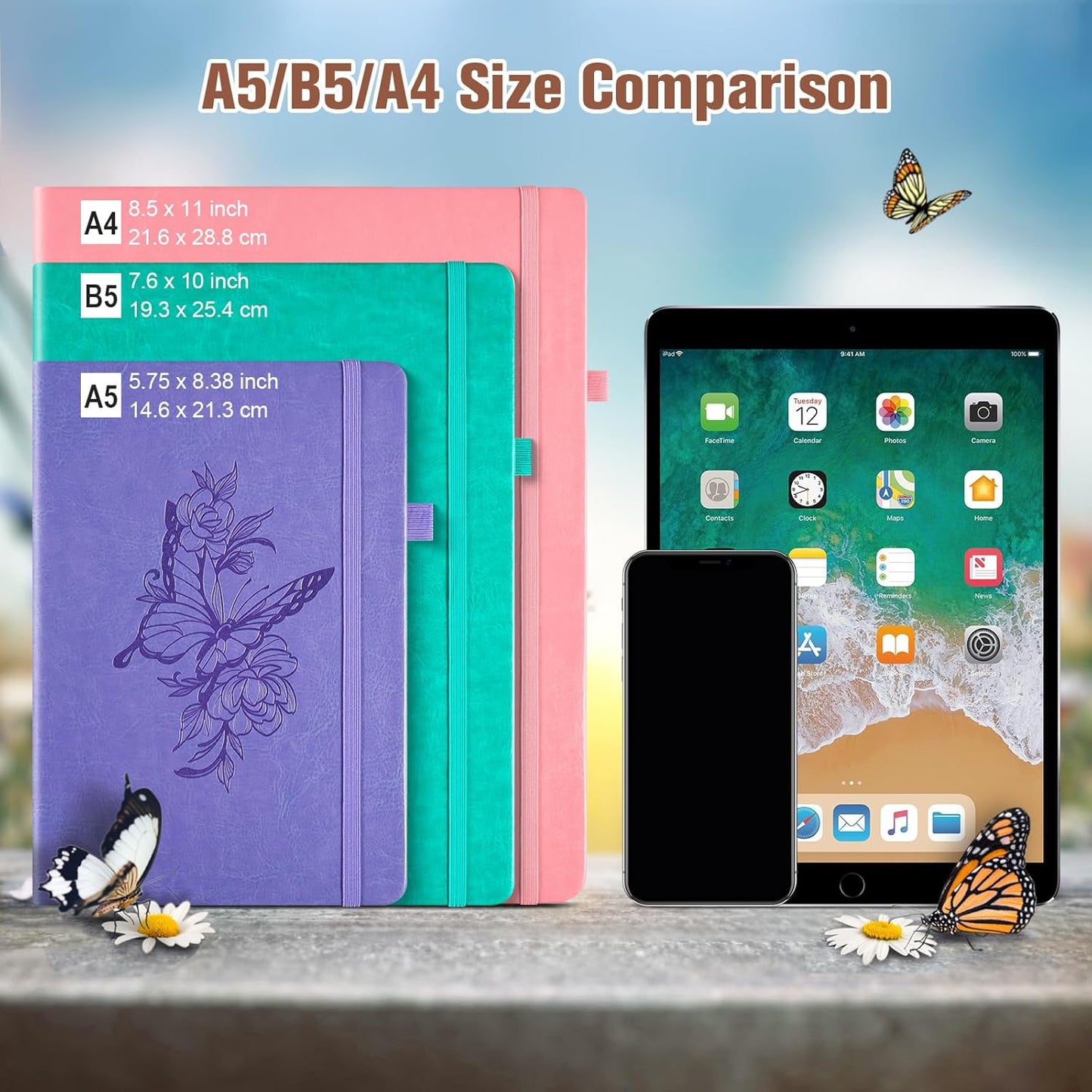 Lined Notebook Journal for Women, 312 Numbered Pages A5 Thick Leather Journal, 100gsm Paper Daily Journal for Work Travel, Hardcover College Ruled Notebook, Giftable Butterfly Floral Notebook, Brown