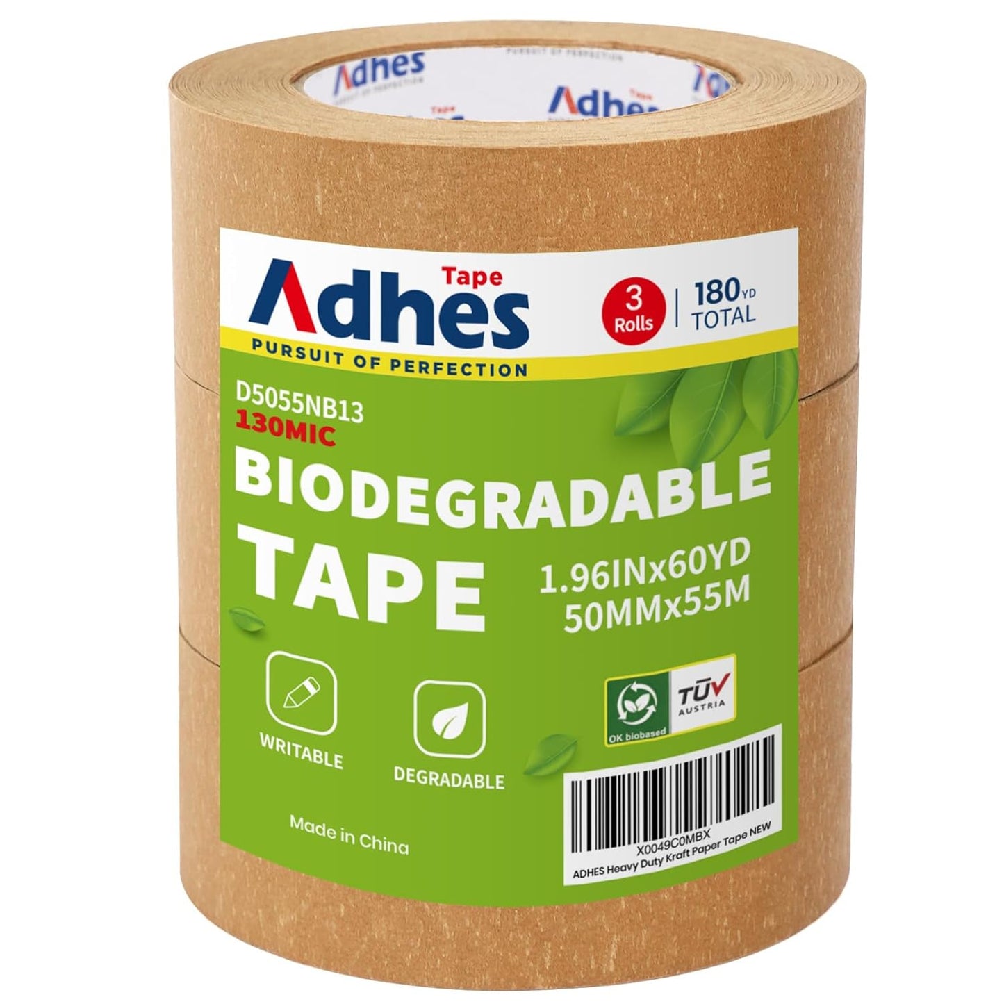 ADHES Kraft Paper Tape, 2 Inch x 60 Yards x 3 Rolls, Biodegradable Paper Packing Tape Writable & Uncoated Brown Shipping Tape for Shipping, Moving, Sealing