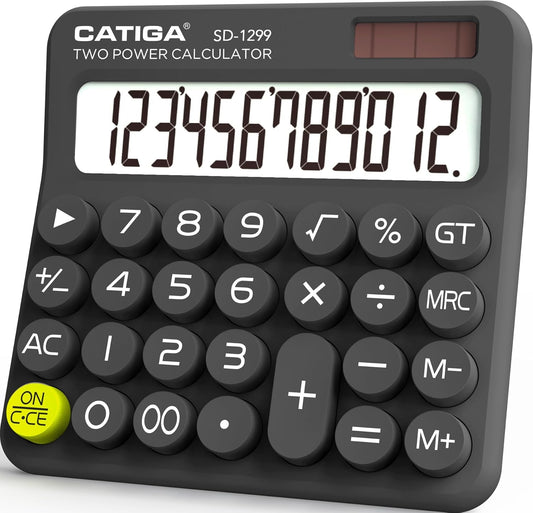 CATIGA Mechanical Switch Calculator with Solar and Battery Dual Power, 12-Digit Large LCD Display, Aesthetic and Cute Desktop Calculator with Big Button, for Home, School and Office Use, SD-1299