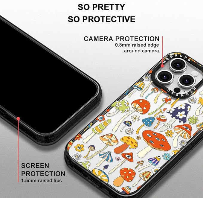 MOSNOVO Case for iPhone 16 Pro Max, [10ft 4X Military-Grade Drop Protection] Durable & Shockproof Phone Case Cover Design for iPhone 16 Pro Max - Mushroom Art - Clear Black