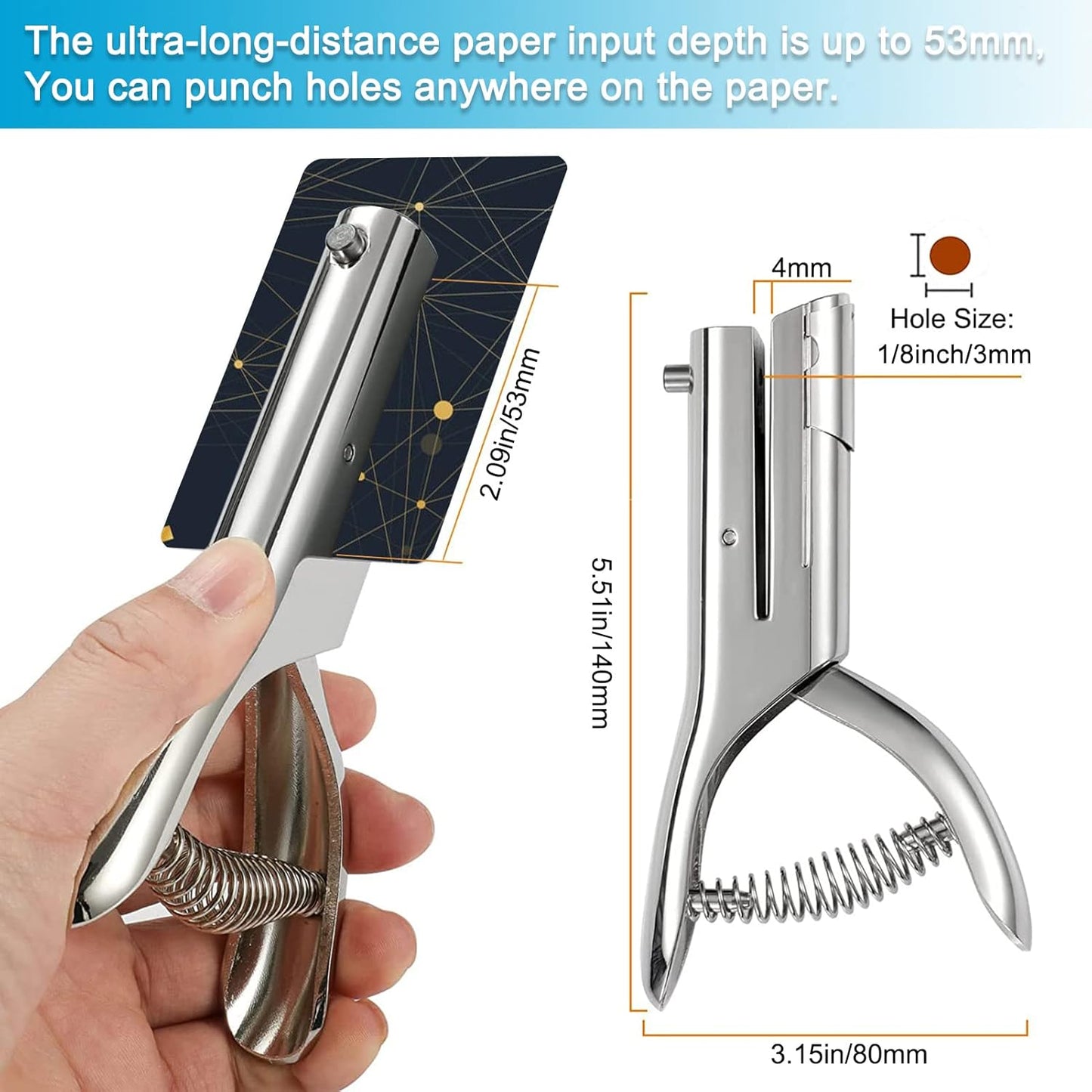 1/8 Inch Single Hole Punch - 2 Inch Reach Deep Throat Heavy Duty Paper Punch - Portable Hand Held Long Reach for ID PVC Cards Plastic Cardboard Photos