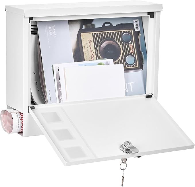 LAND·VOI Locking Mailbox Wall Mounted, Metal Postbox with Three Sets of Mail Box Number Stickers, 4 Keys, 14.4" x 4.5" x 11.2", Large Capacity, Textured White, AMB11W