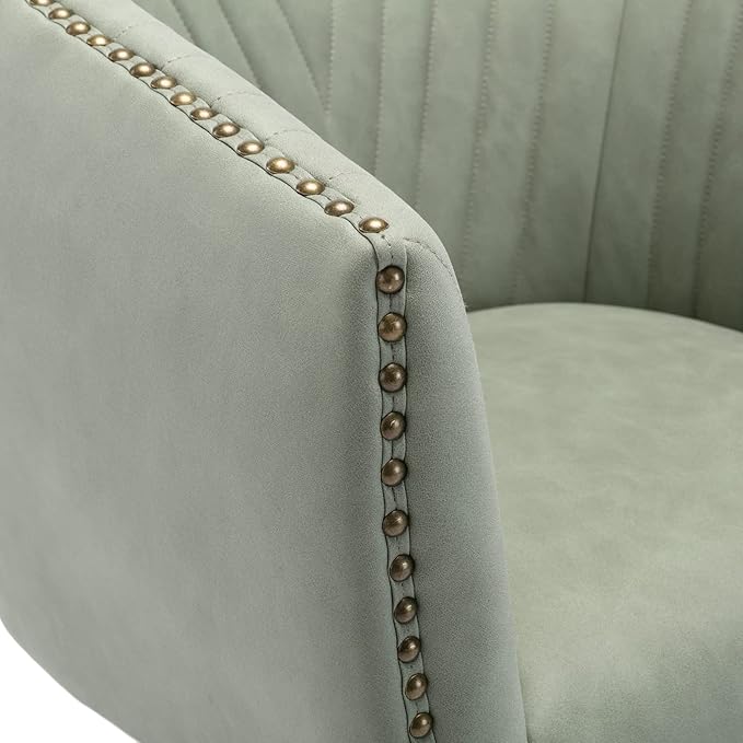 Green Faux Leather Home Office Desk Chair, Upholstered Barrel Swivel Adjustable Arm Desk Chair with Nailheads, Comfy Mid-Back Study Chair with Silent Wheel for Study Office Computer