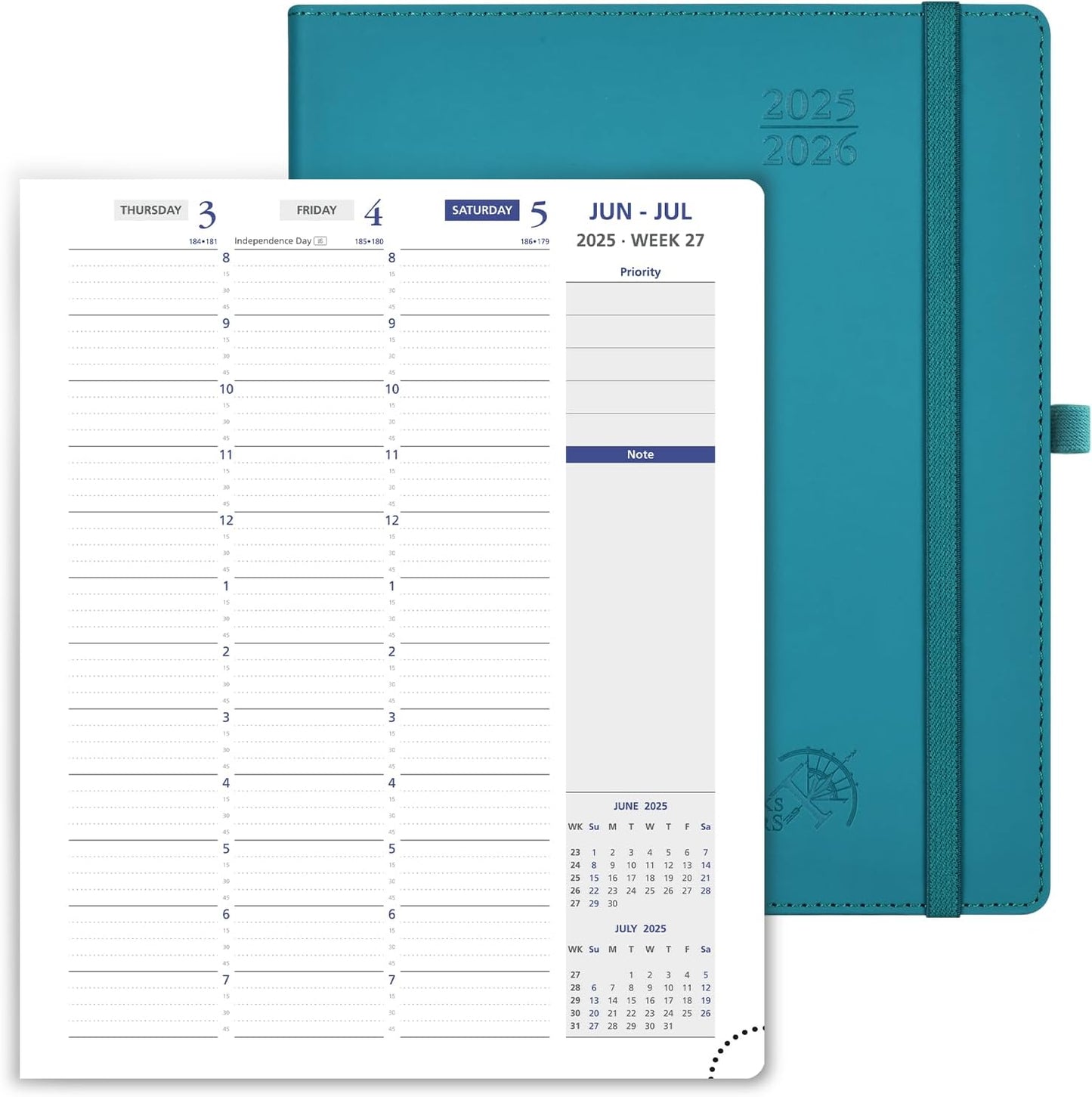 POPRUN Weekly Planner 2025-2026, 7.25'' x 8.5'', 15-Minute Hourly Appointment Book (July 2025-June 2026) with PU Leather Softcover, Monthly Tabs, Inner Pocket - Pacific Green