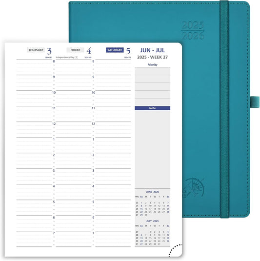 POPRUN Weekly Planner 2025-2026, 7.25'' x 8.5'', 15-Minute Hourly Appointment Book (July 2025-June 2026) with PU Leather Softcover, Monthly Tabs, Inner Pocket - Pacific Green