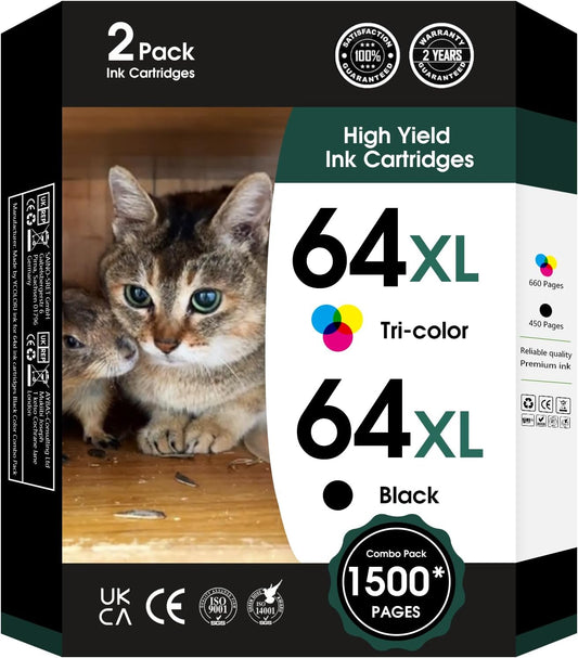 64XL Ink Cartridge for HP Ink 64 XL 64XL Black and Color Combo Pack High Yield Replacement for HP Printers 7858 7855 7120 7155 7158 7164 6255 6252 6232 Envy Inspire 7955e Tango X Printers Combo