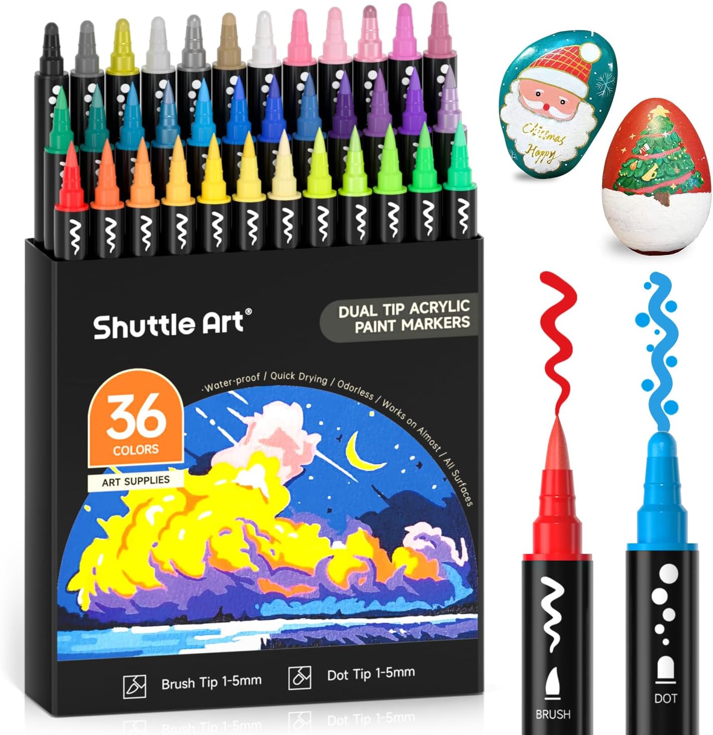 Shuttle Art 36 Colors Dual Tip Acrylic Paint Markers, Brush Tip and Dot Tip Acrylic Paint Pens for Rock Painting, Ceramic, Wood, Canvas, Plastic, Glass, Stone, Calligraphy, Card Making, DIY Crafts
