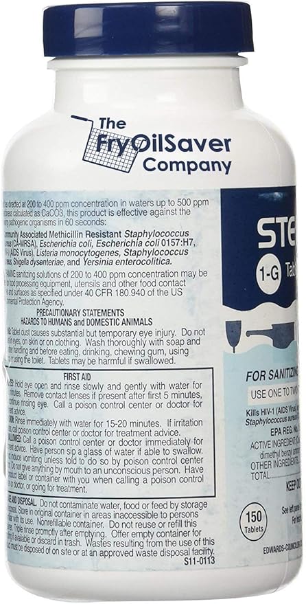 Steramine Sanitizer Tablet w/ 15x QT-10 Test Strips, Multi Purpose Sanitizing Tablet for Food Contact Surface, Kitchen, Restaurant, Steramine Sanitizer Tab for Food Service by FryOilSaver(150 Tablets)