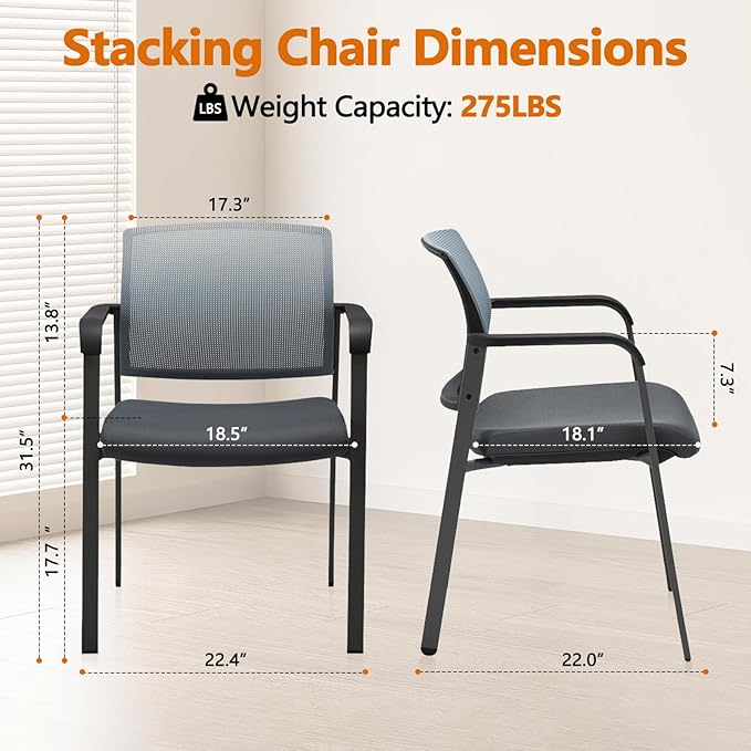 CLATINA Mesh Back Stacking Arm Chairs with Upholstered Fabric Seat and Ergonomic Lumber Support for Office School Church Guest Reception Grey (Gray-4 Pack)