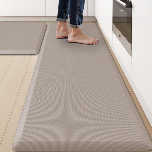 KitchenClouds 2PCS Kitchen Rugs Cushioned Anti-Fatigue Non-Slip Waterproof Kitchen Mat Comfort Foam Standing Mat for Floor Office Sink Laundry (Khaki)