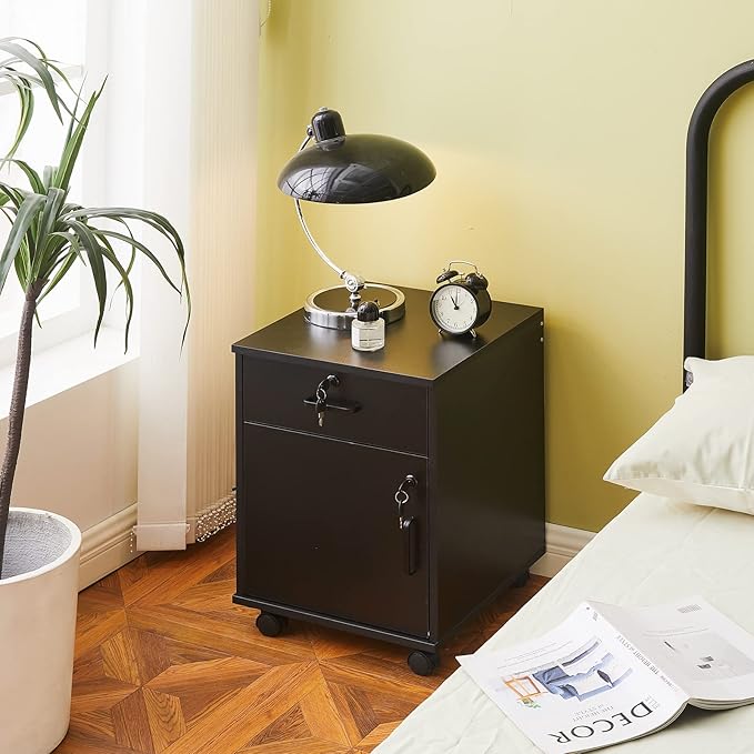 CLIPOP Rolling Storage Cabinet with Drawer, Home Office Cabinet with Lock, Under Desk Storage Cabinet for Home Office, Black