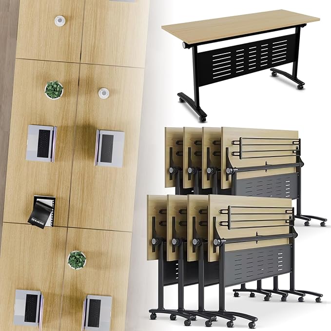 Folding Conference Room Table, Modern Conference Tables with Wheels, Large Rectangular Mobile Training Tables for Office Classroom, Foldable Modular Boardroom Seminar Table Maple (10pack L55.1in)