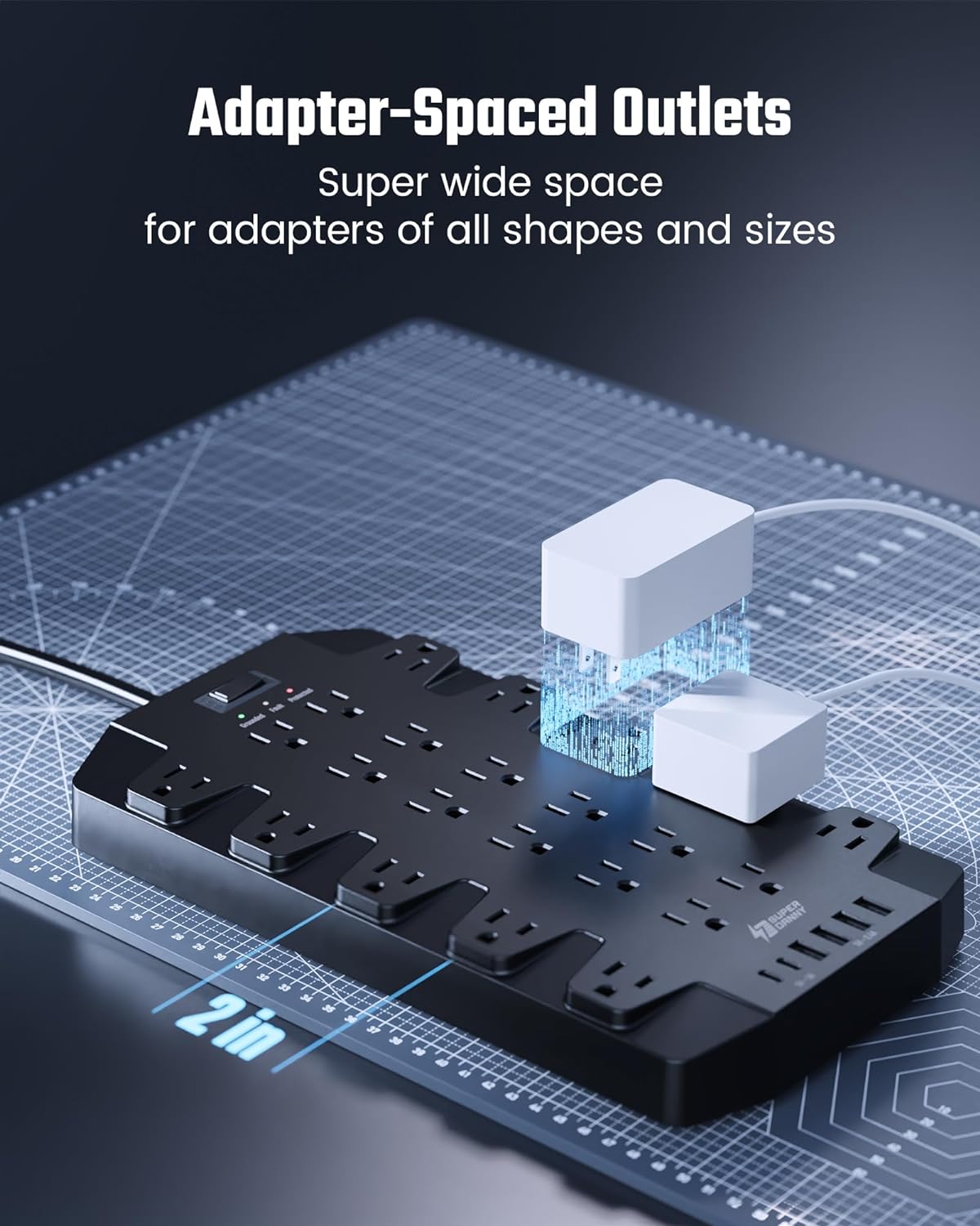 10 Ft Extension Cord Power Strips with Surge Protection, SUPERDANNY Surge Protector with 22 Outlets, 2 USB-C and 4 USB-A, 2100J, 10Ft Flat Plug Heavy Duty Extension Cord (1875W/15A) for Home, Office
