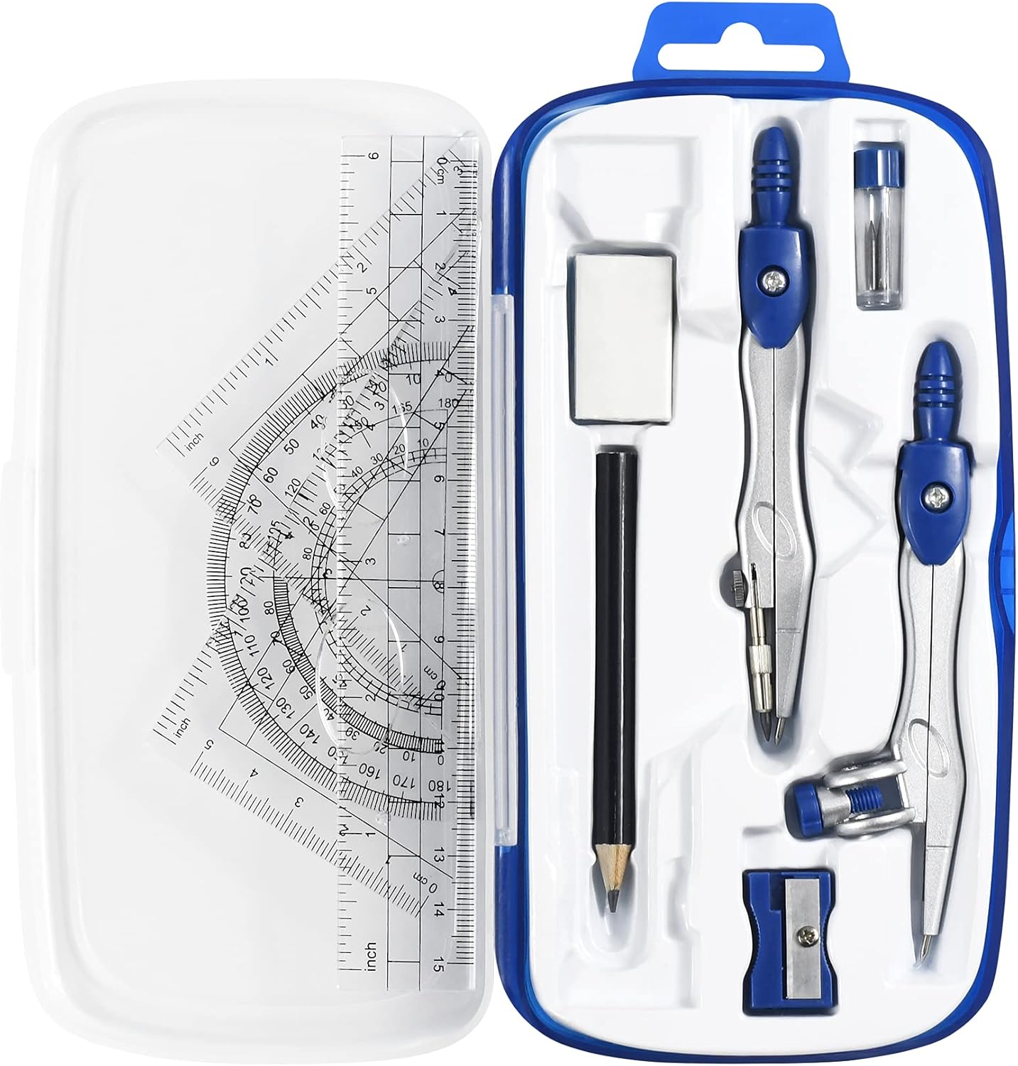 Math Geometry Kit Sets 10 Piece Student Supplies with Shatterproof Storage Box,Includes Rulers,Protractor,Compass,Eraser,Pencil Sharpener,Lead Refills,Pencil,for Drafting and Drawings（Navy blue）