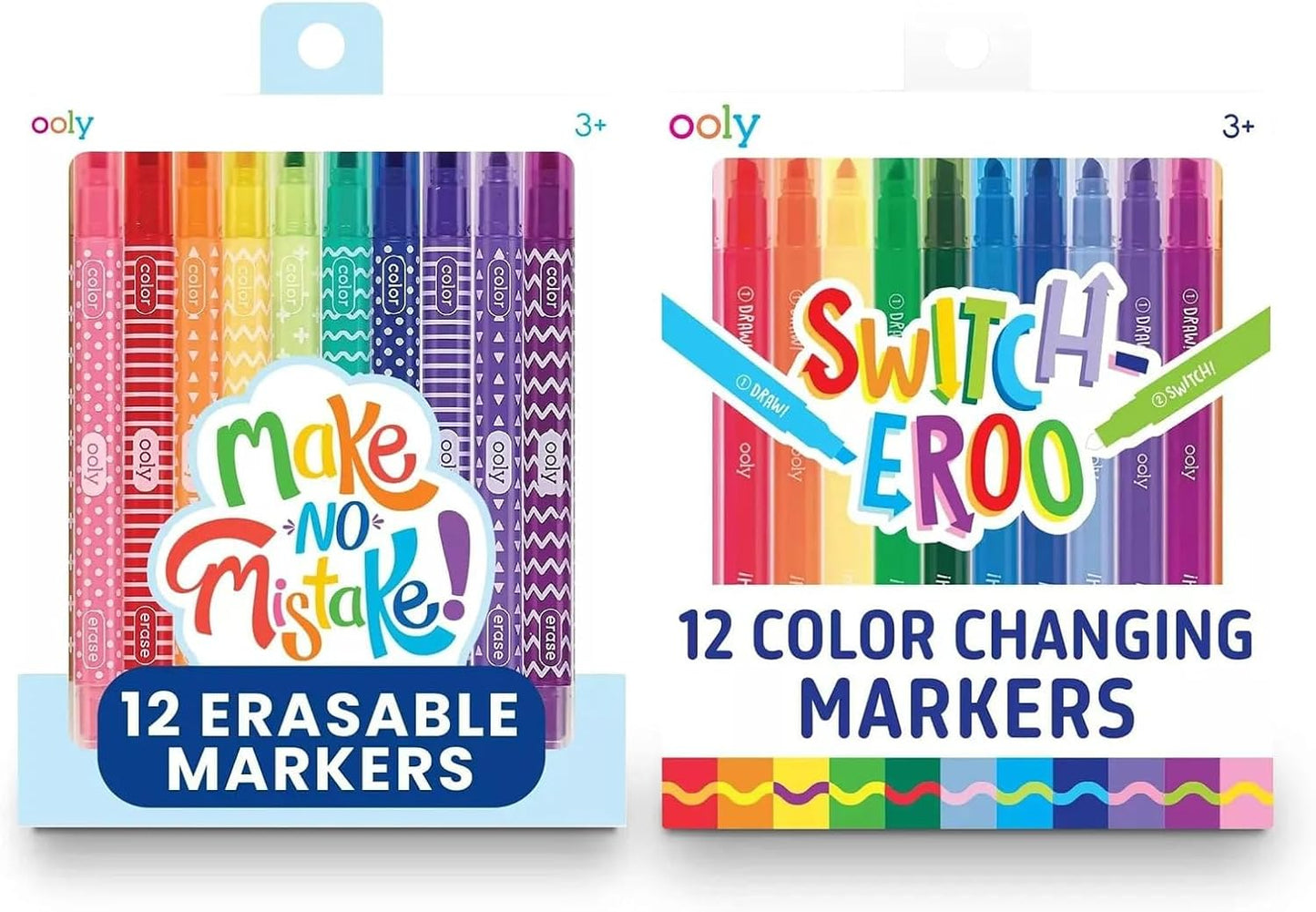 Ooly Switch-eroo Color Changing and Make No Mistakes Erasable 24 Dual Tip Markers, 12 Color Change Markers Erasable for Kids Back to School Supplies, Chisel Tip