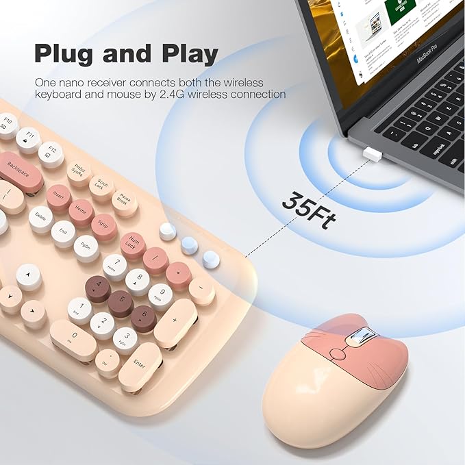 Wireless Keyboard and Mouse, Full Size Typewriter Keyboard and Cute Cat Shape Design Mouse Combo for Windows 7/8/10, Laptop, Desktop, PC, Computer (Milk Tea)