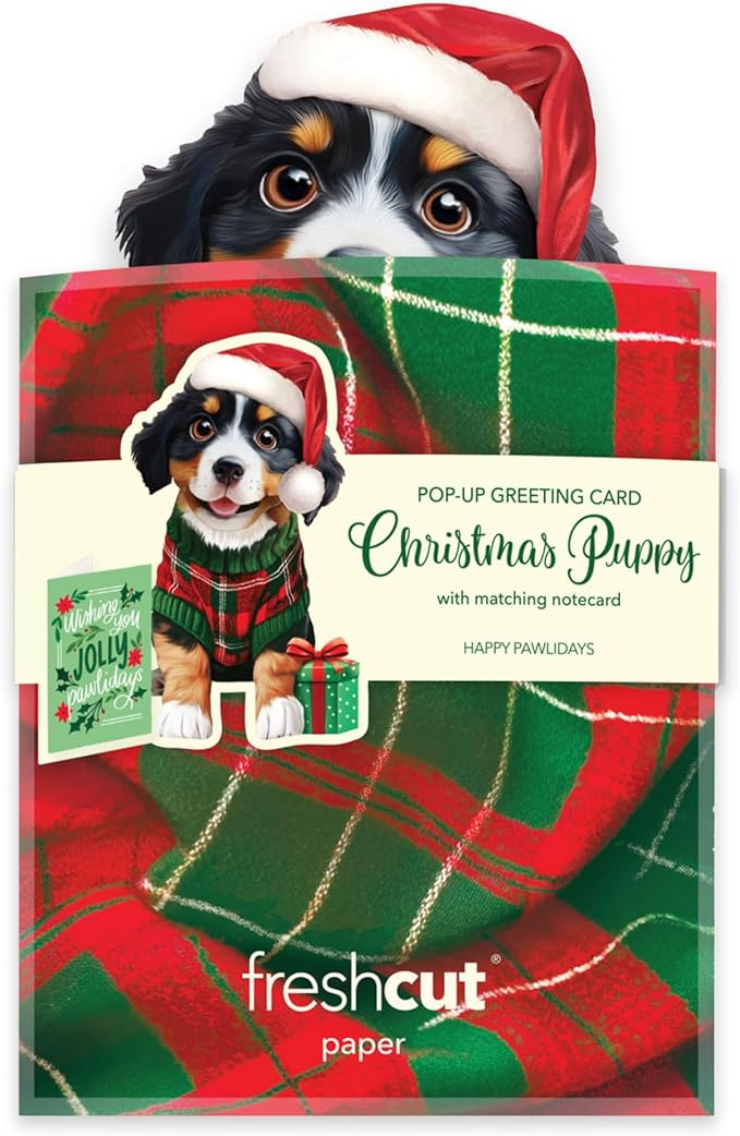 Freshcut Paper Pop Up Cards, Mini Christmas Puppy, 6 Inch Mini Sized 3D Dog Gifts, Popup Greeting Card, Christmas Cards, Holiday Card, Blank Notecard & Envelope