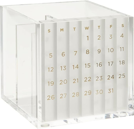 russell+hazel Acrylic Perpetual Calendar and Pencil Bloc Two Compartment Pen Cup, Office Supplies, Clear, 4” x 4”