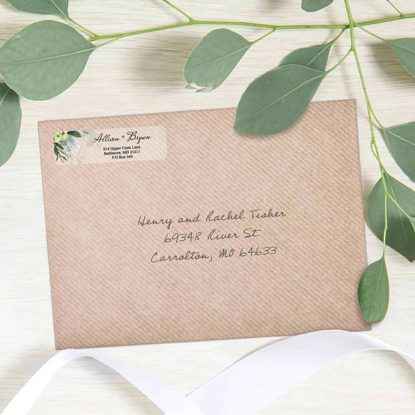 Clear Floral Greenery Rolled Address Labels / 500 Personalized Return Address Labels/Custom Address Stickers in Elegant Plastic Dispenser