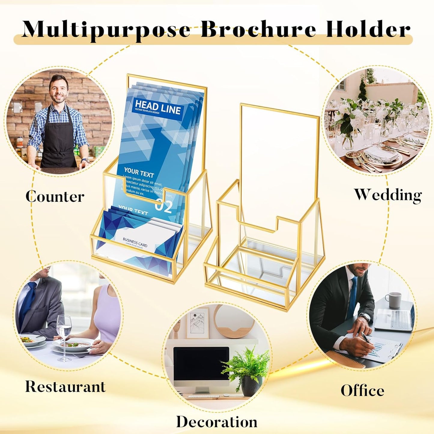 2 Pcs 4 Inches Gold Glass Brochure Holder Countertop Literature Trifold Pamphlet Stand with Business Name Card Holder Flyer Brochure Display for Magazine, Booklets, Menu, Journals Display