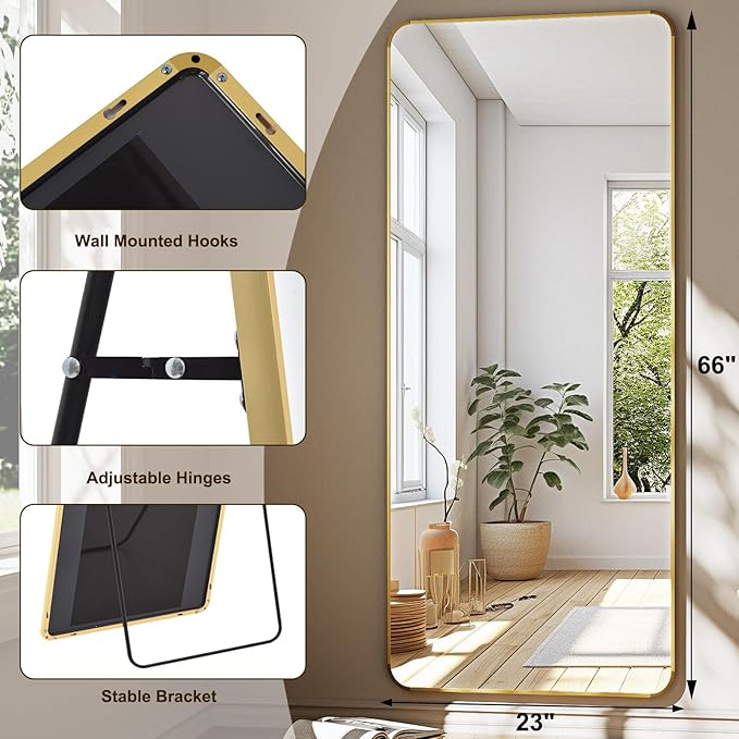 HARRITPURE 66x23 inch Rounded Full Length Mirror Aluminum Frame Mirror Full Length Floor Mirror with Stand for Living Room Bedroom Cloakroom,Gold